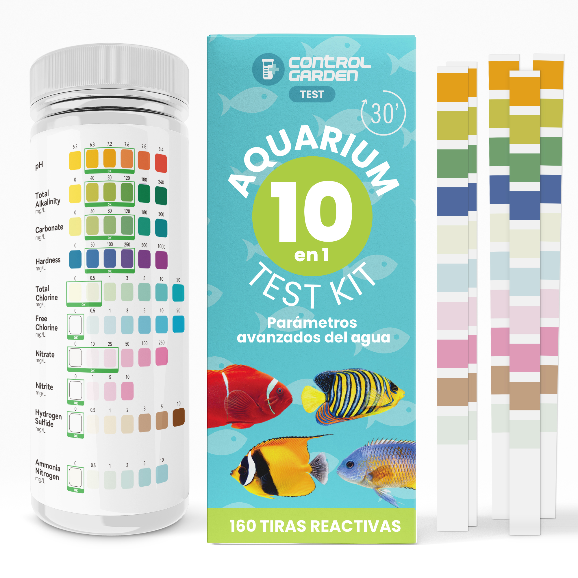 Tiras reactivas para acuarios 10 en 1 · Pack 160 unidades · Control total de pH, cloro, nitritos y más