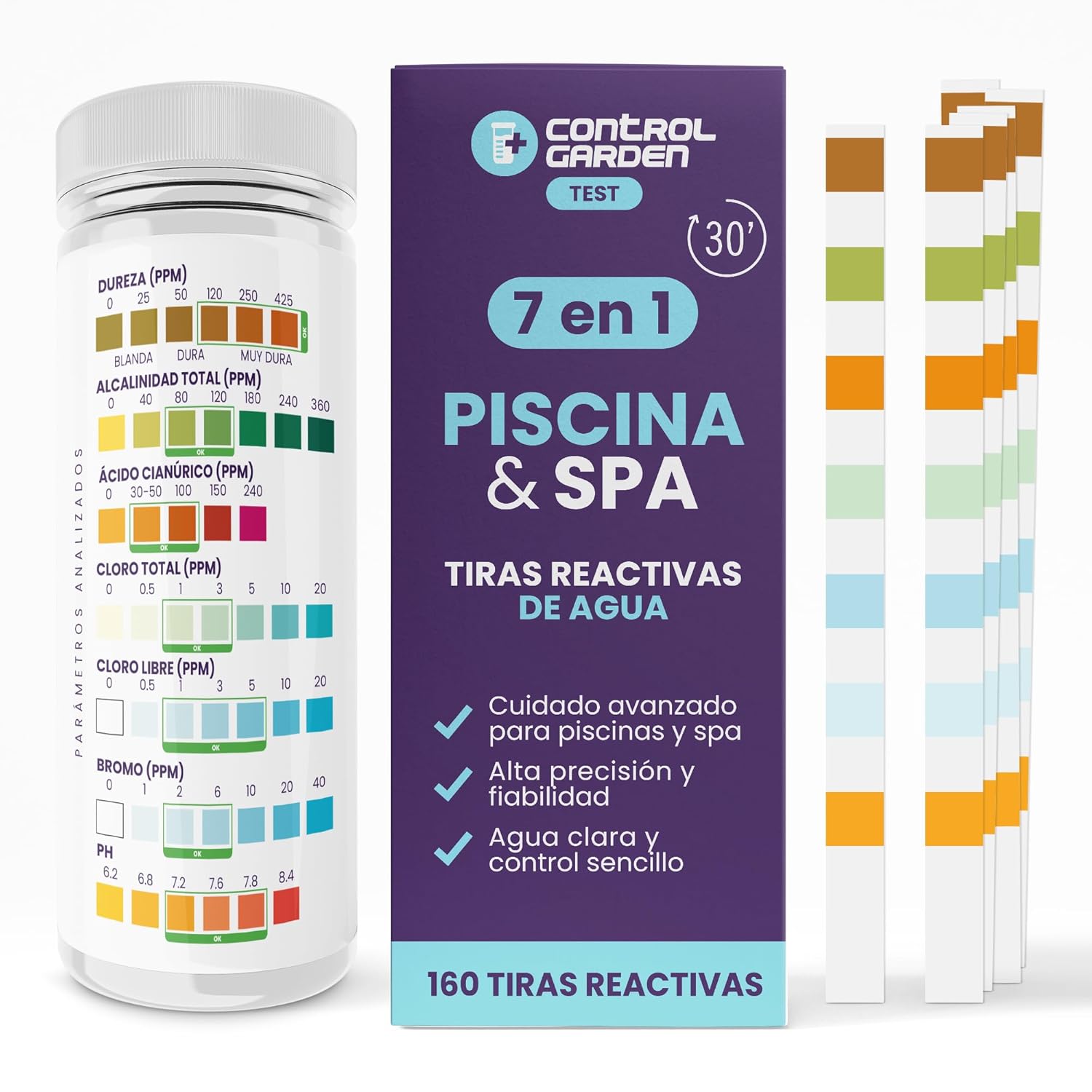 Tiras de prueba de pH 7 en 1 para piscinas y spas · Pack 30 uds · Análisis de pH, cloro y más