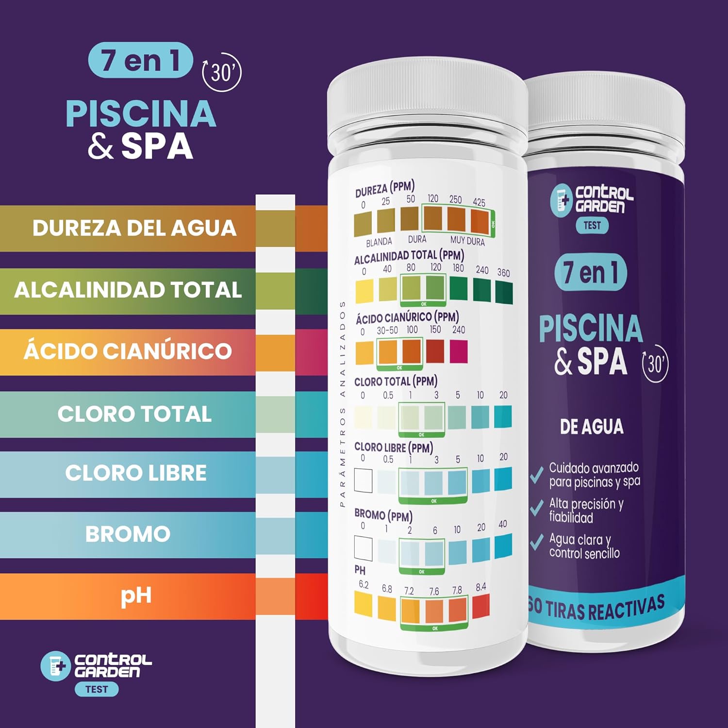 Tiras pH reactivas 7 en 1 para análisis de agua de piscina · foto 2