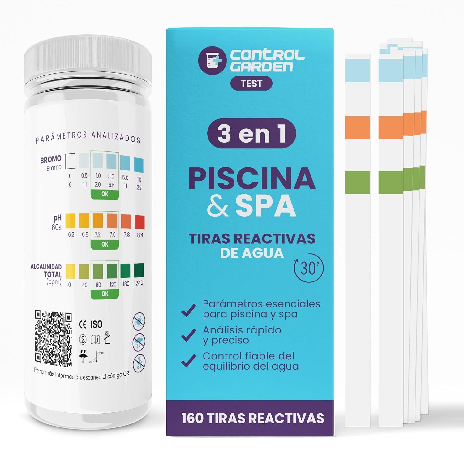 Tiras de prueba 3 en 1 para pH, bromo y alcalinidad total · Pack 50 uds · Análisis rápido en 30 segundos