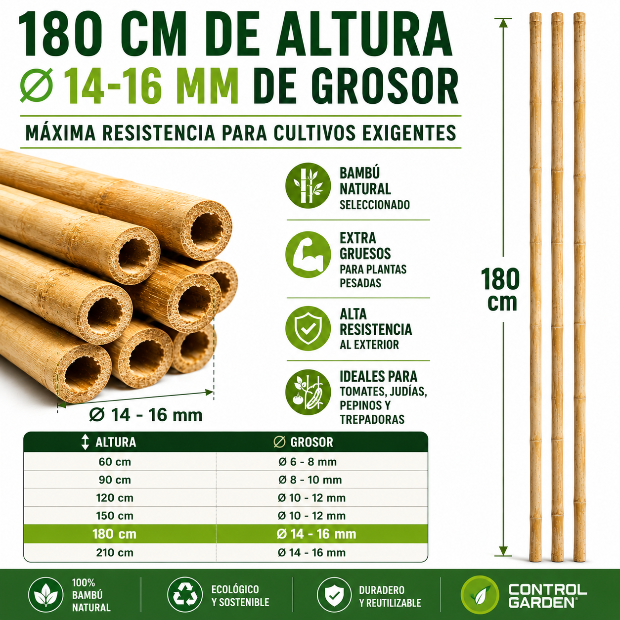 Pack de 90 tutores de bambú natural de 180 cm para soporte de plantas · foto 3