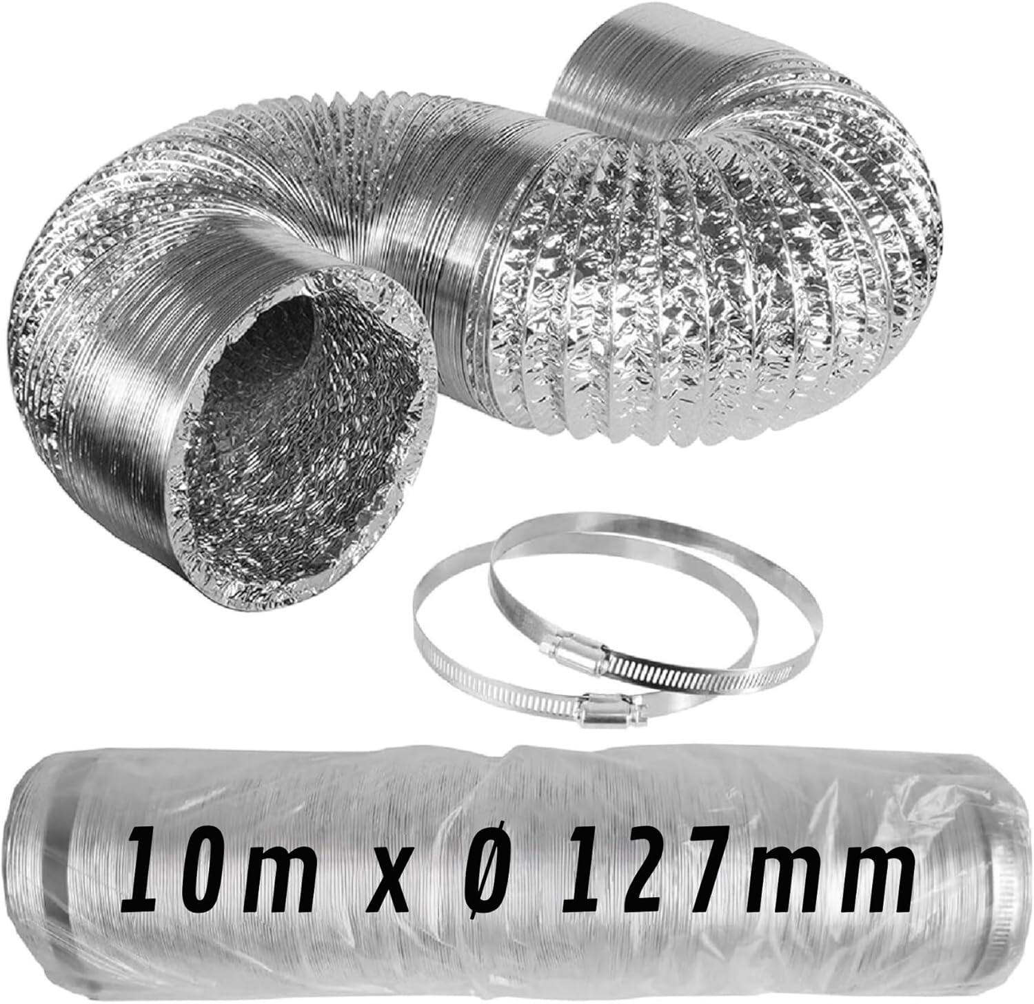 Conducto de aluminio flexible plateado Ø 127 mm x 10 m con abrazaderas · Pack 1 ud