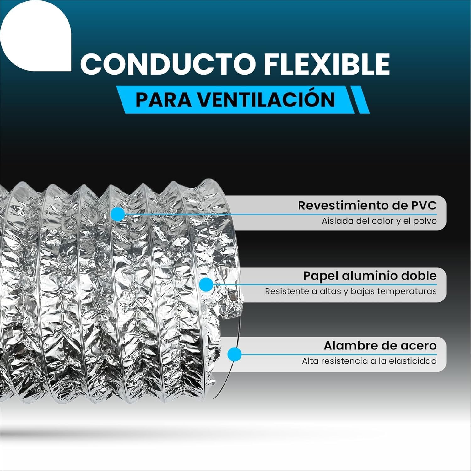 Conducto flexible de aluminio plateado de 5 m y 315 mm de diámetro · foto 2