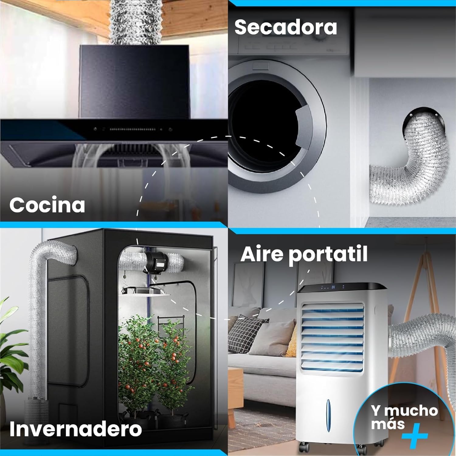 Tubo flexible de aluminio plateado de 203 mm y 5 m con abrazaderas para ventilación · foto 4
