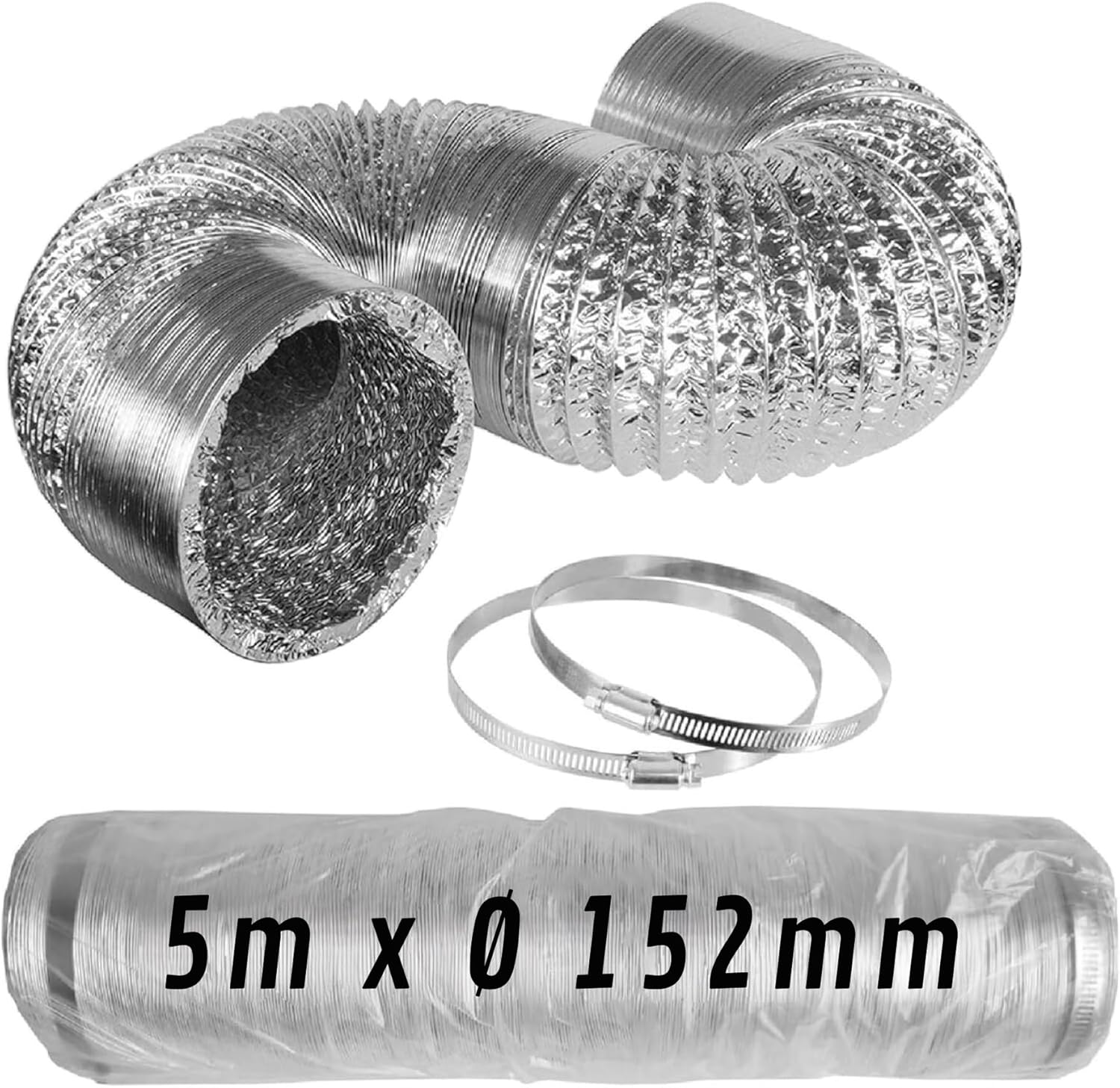 Conducto flexible de aluminio plateado Ø 152 mm x 5 m con abrazaderas · Pack 1 ud