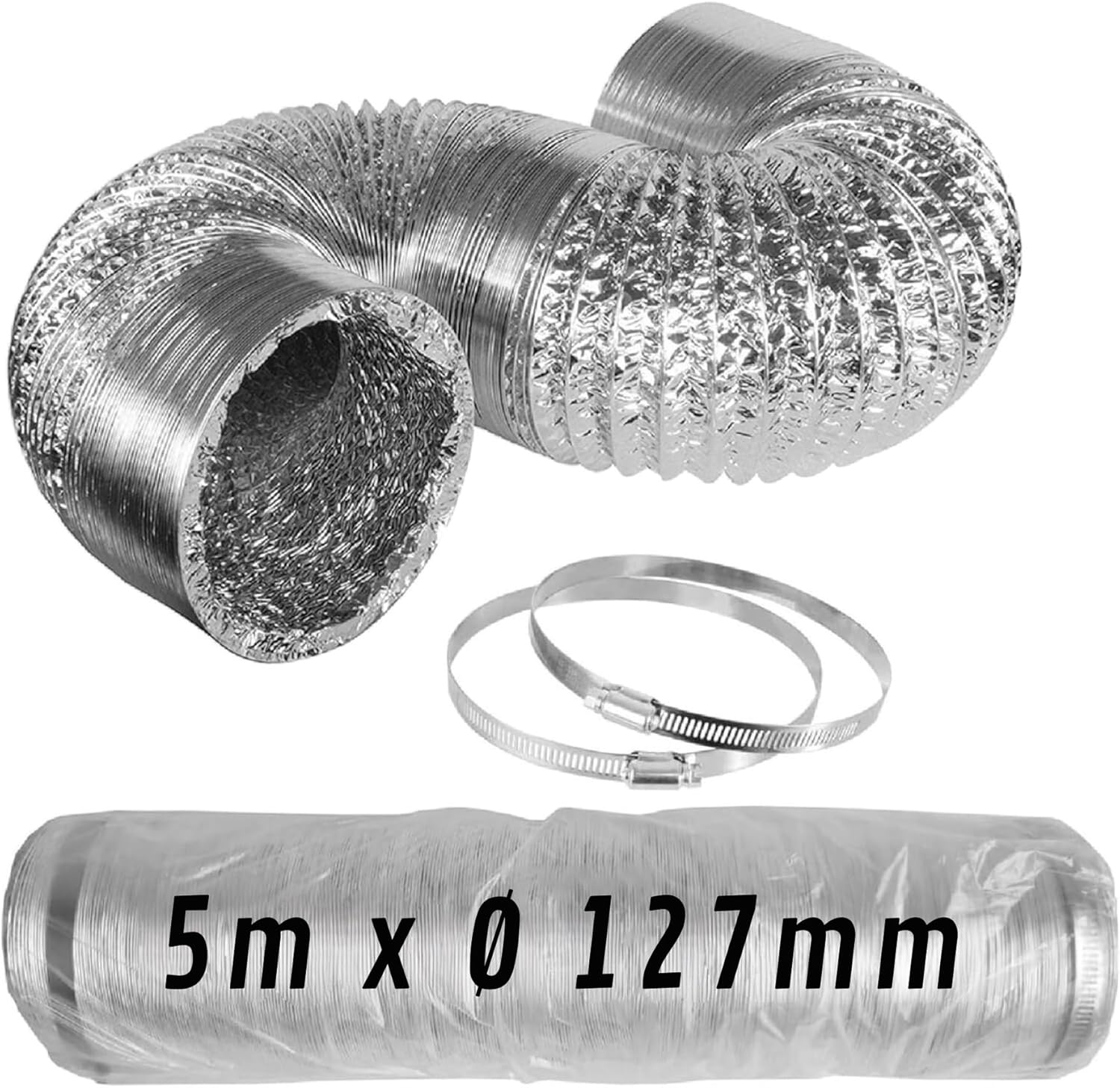 Conducto flexible de aluminio plateado Ø 127 mm x 5 m con abrazaderas · Pack 1 ud