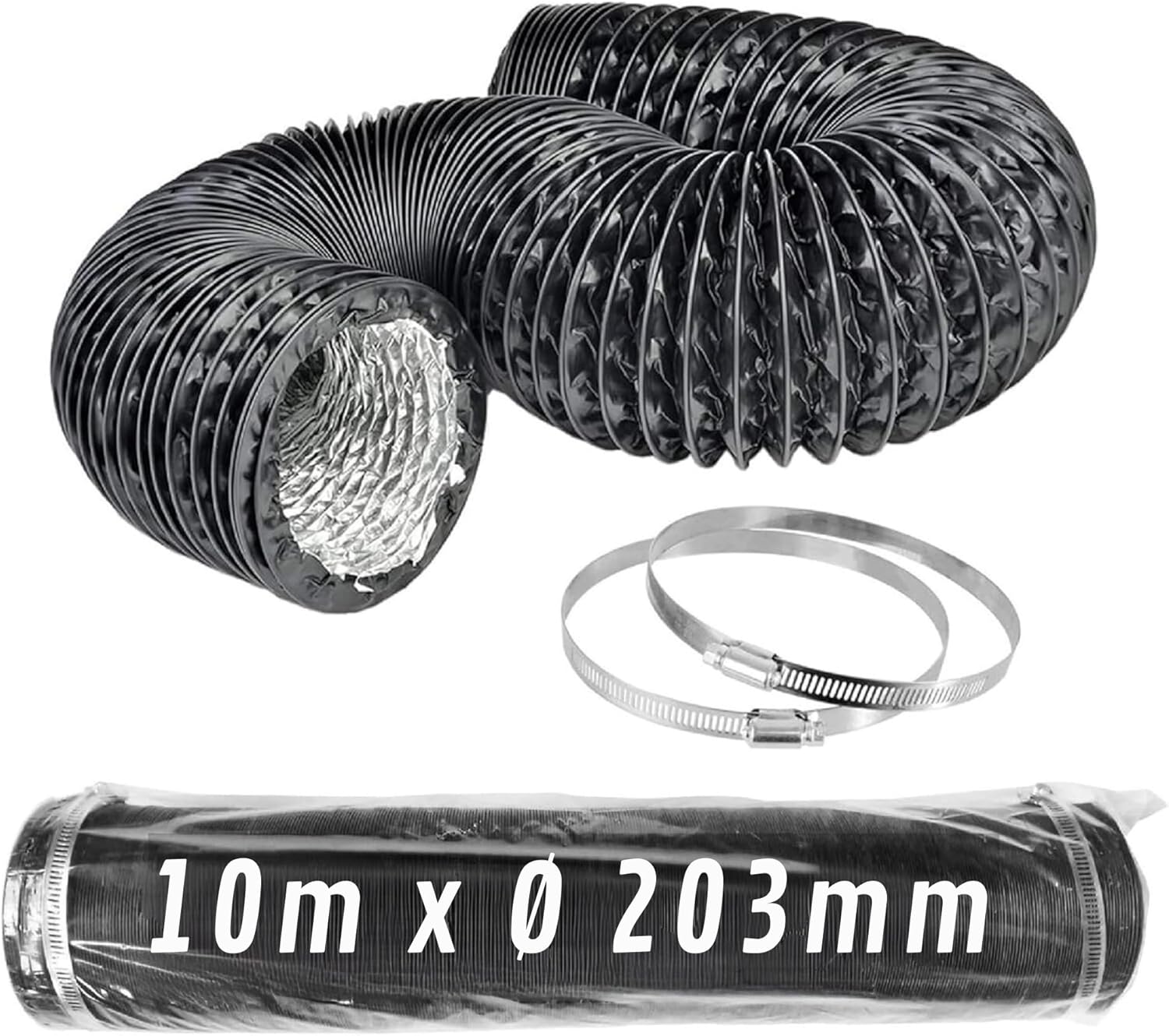 Conducto flexible de aluminio negro Ø 203 mm x 10 m con abrazaderas · Pack 1 ud