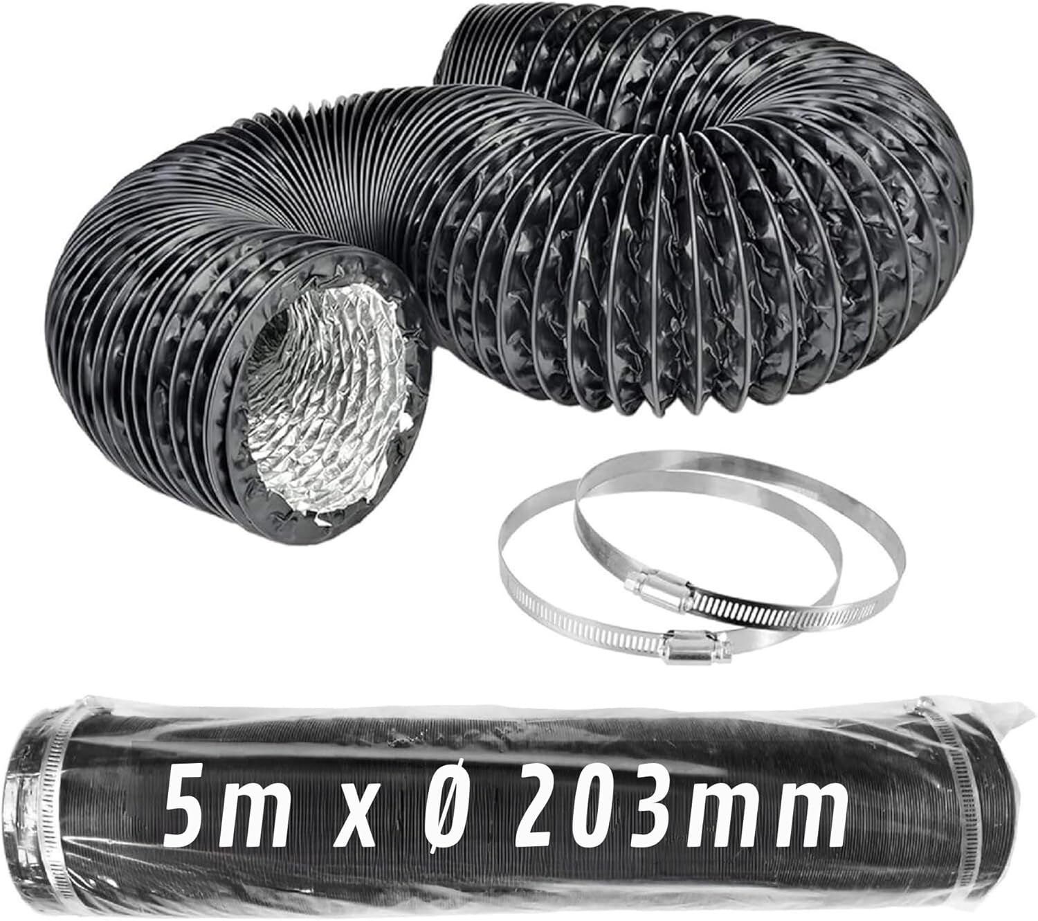 Conducto flexible de aluminio negro Ø 203 mm x 5 m con abrazaderas · Pack 1 ud