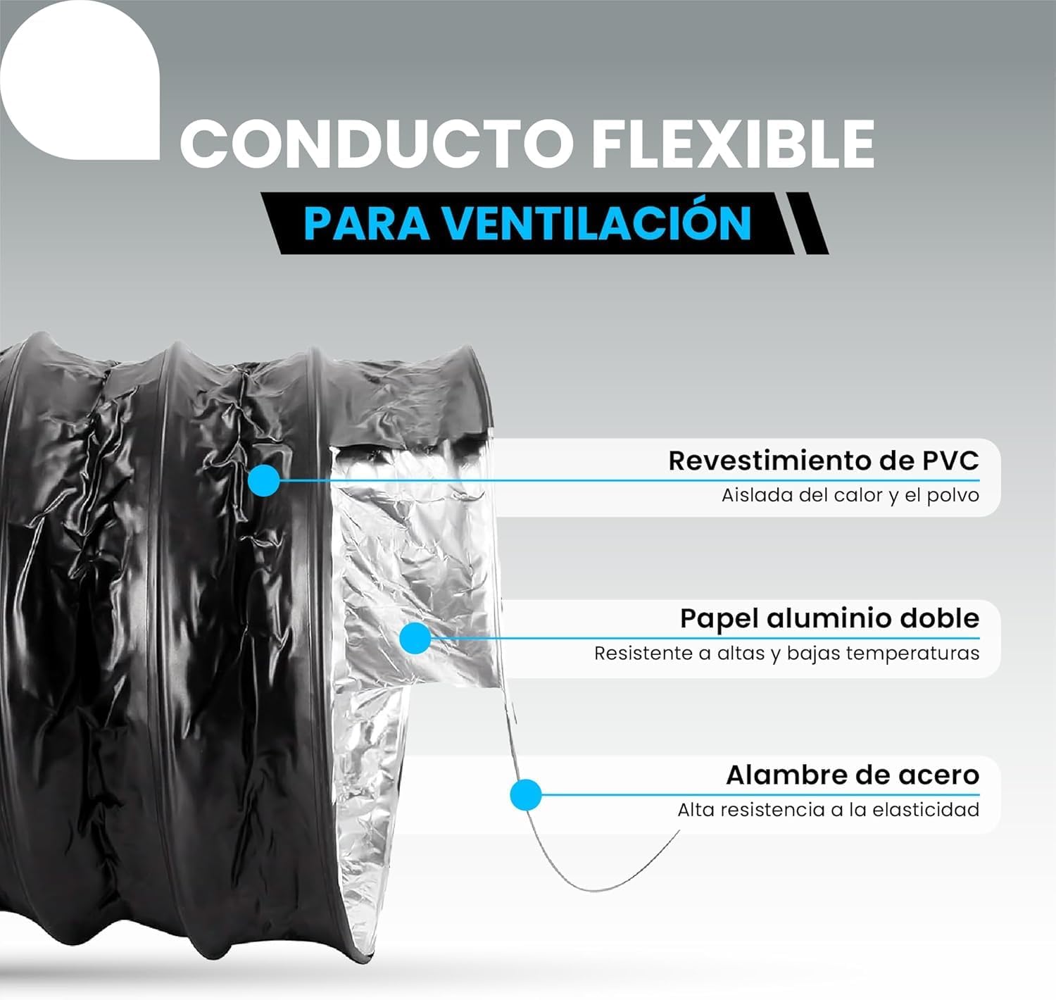 Tubo flexible de aluminio negro de 127 mm y 5 m con abrazaderas para ventilación · foto 2