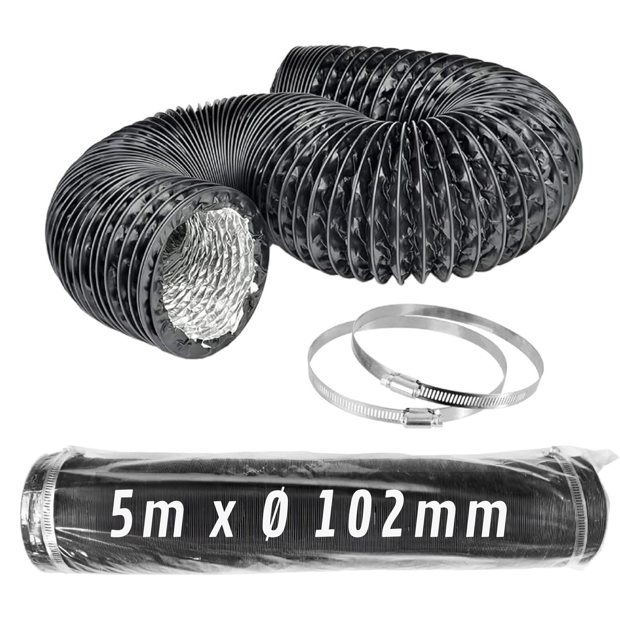Conducto flexible de aluminio negro Ø 102 mm 5 m con abrazaderas · Pack 1 unidad