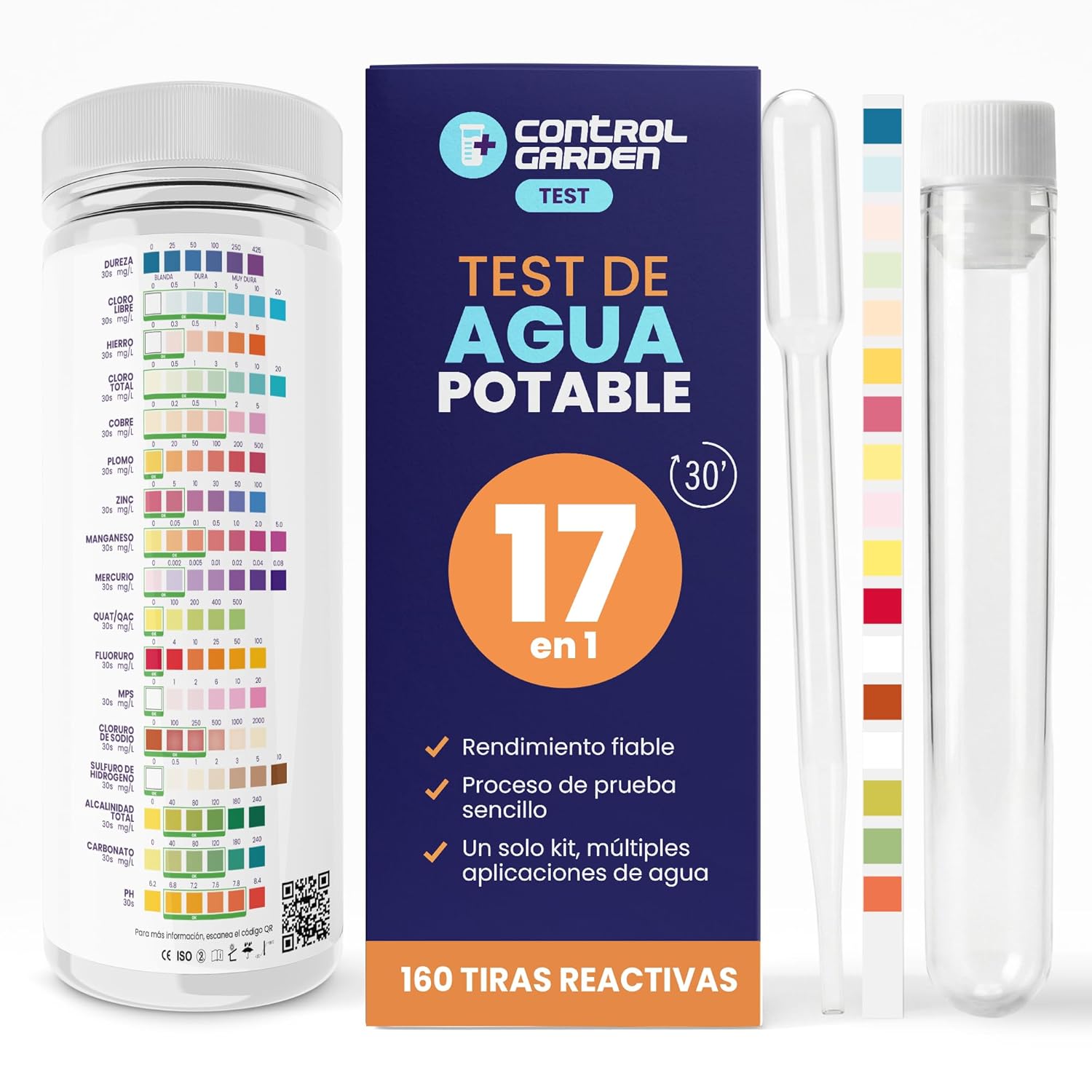 Kit de análisis de agua potable 17 en 1 · 160 tiras de prueba · Resultados en 30s